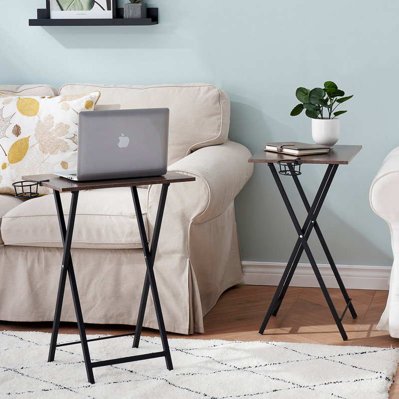 Folding Side Table with Cup Holder, Industrial Side Table for Living Room, Bedroom, Coffee/Black