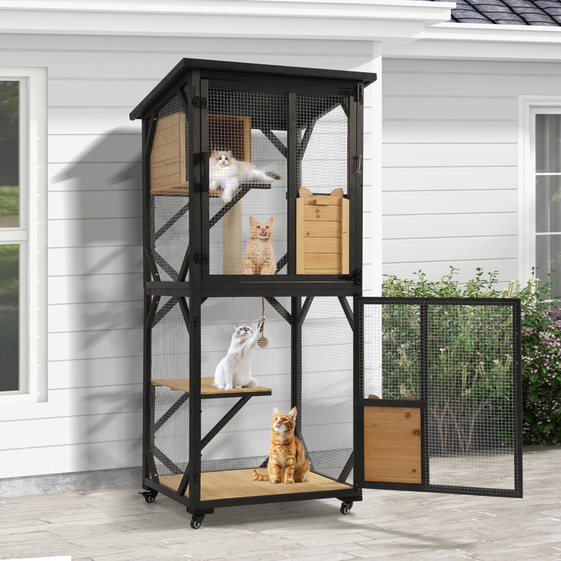 Black and Natural Wood 4-Tier Outdoor Cat Enclosure with Wheels