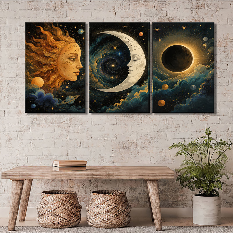 Céleste, impression de soleil, lune, visage, éclipse galaxie, étoile, planète, nuage, mystique, art mural cosmique, 3 pièces, toile tendue (1)
