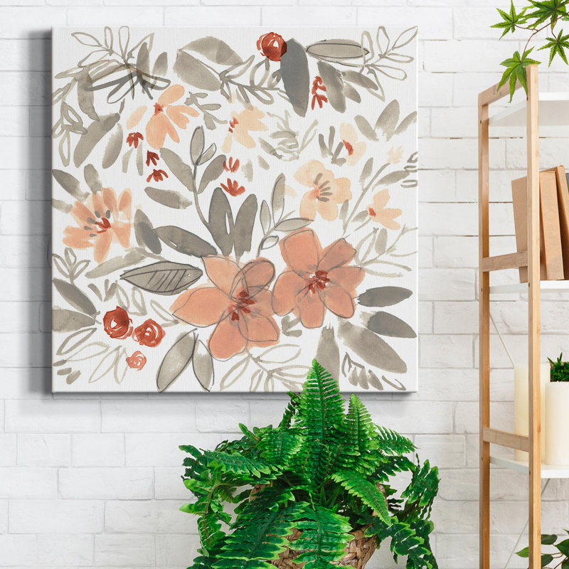 Toile tendue avec châssis «Peach & Rust Blooms II» - Prêt à accrocher, H 24 po x l 24 po x P 1 po