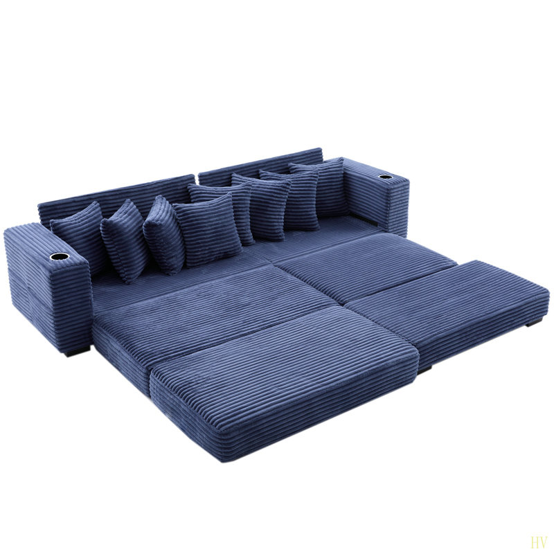 110.75" Modular L Shaped Sofa, Corduroy Fabric Sectional Couch,With A Movable Footstool, Cup Holders,Bring 8 Throw Pillows,Side Pocket,Unfold Into A Bed