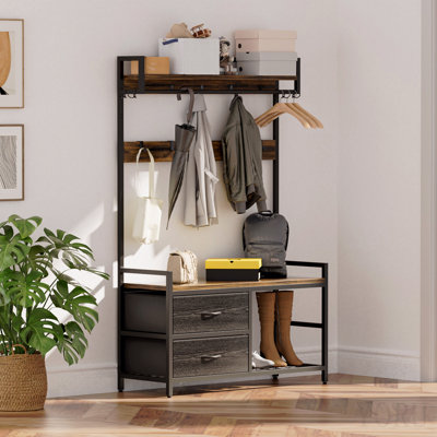 33.1" Wide Hall Tree With 2 Movable Drawers, Shoe Storage, Shelves And Garment Racks, 5-In-1 Entryway Bench With 23 Hooks (Fixed And Movable)