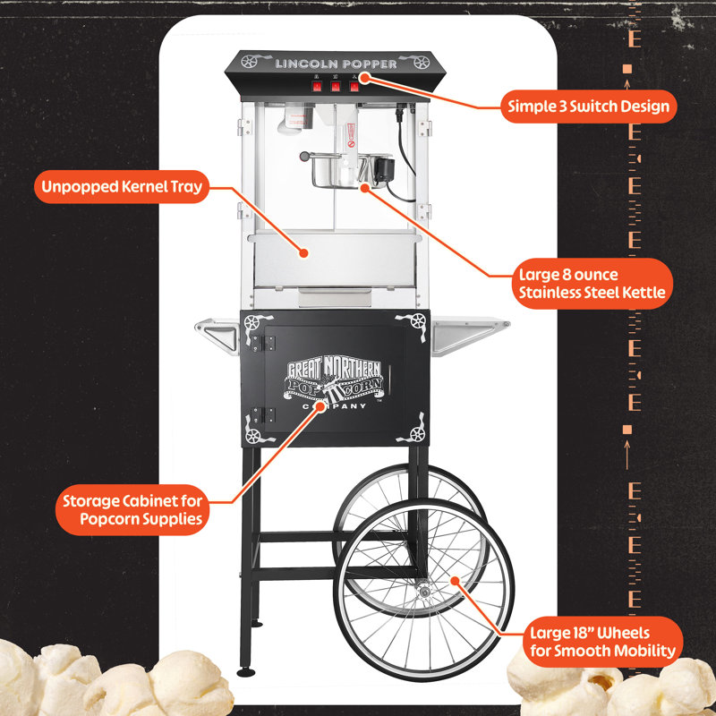Lincoln Popcorn Machine - 8oz Popper with Stainless-Steel Kettle, Cart , Reject Kernel Tray, Warming Light, and Accessories by Great Northern Popcorn (Black)
