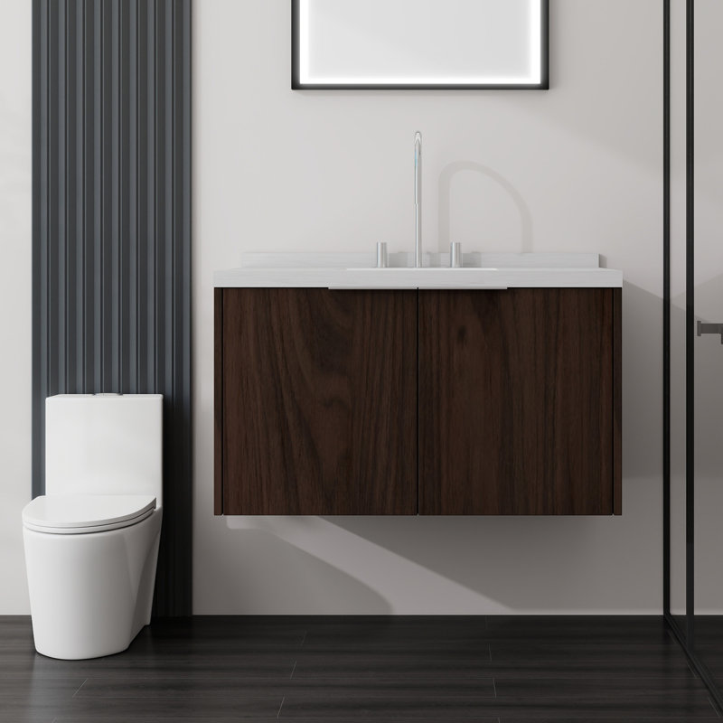 Meuble-lavabo de 91 cm avec lavabo, armoire de rangement suspendue en contreplaqué avec portes à fermeture amortie, comptoir en marbre reconstitué, brun