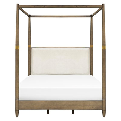 Canopy Bed Queen - Solid Wood Veneer Side Rail And Foot Board Brown Finish With Upholstered Headboard For Metal