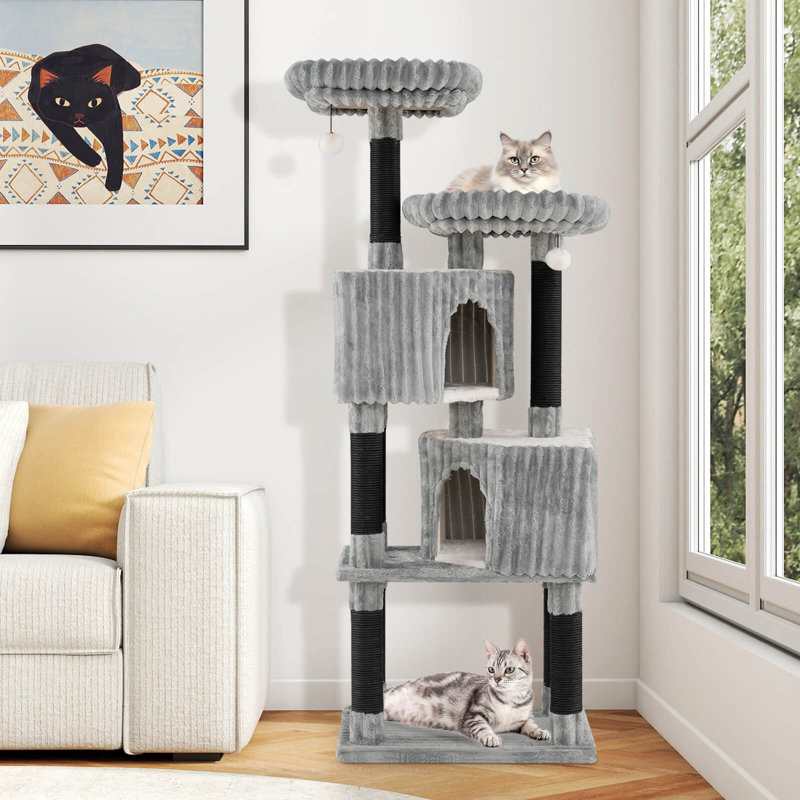 Grand arbre à chat multi-niveaux avec 2 condos, 2 lits perchoirs, poteaux à griffes, boules