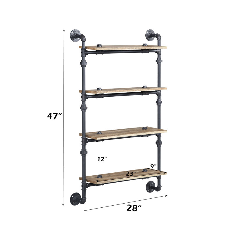 Étagère murale à 4 niveaux, structure métallique en forme de tuyau d'eau, finition chêne et noir sablé, placage, étagères de 58,4 cm de large, espacement de 30,5 cm, charge maximale de 4,5 kg par étagère (avec étagères plaquées de 22,9 cm de large).