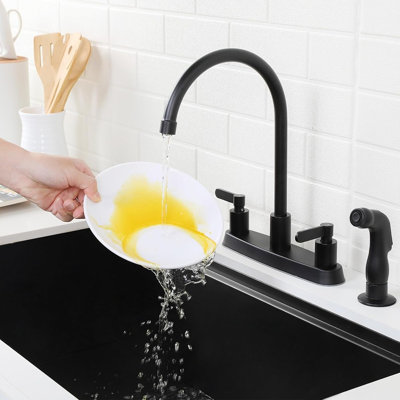Black Kitchen Faucet with Side Sprayer, Matte Black 2-Handle Kitchen Sink Faucet with Pull Out Sprayer, Stainless Steel High Arc 8-Inch Faucet, 3 or 4