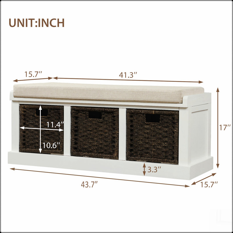 Banc de rangement avec 3 paniers amovibles en rotin classique, banc de rangement pour hall d'entrée