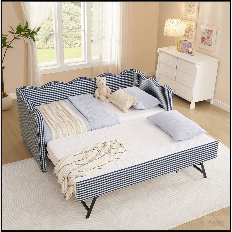 Lit de jour confortable à carreaux vichy avec lit gigogne (taille simple), sans sommier, avec port USB et adorable motif ondulé, en lin, bleu marine.