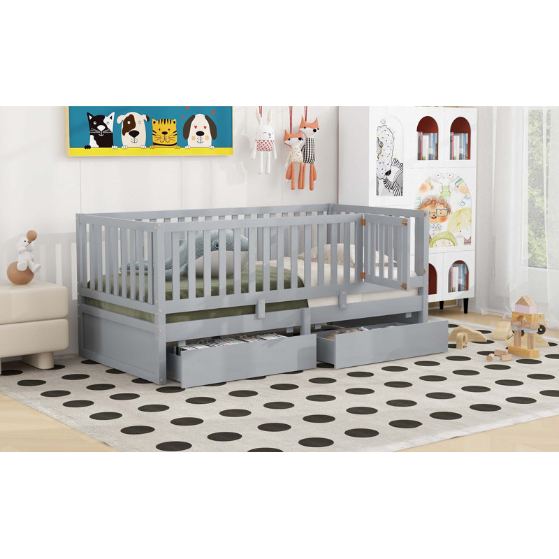 Daybed with Fence Guardrails and 2 Drawers, Twin, Grey