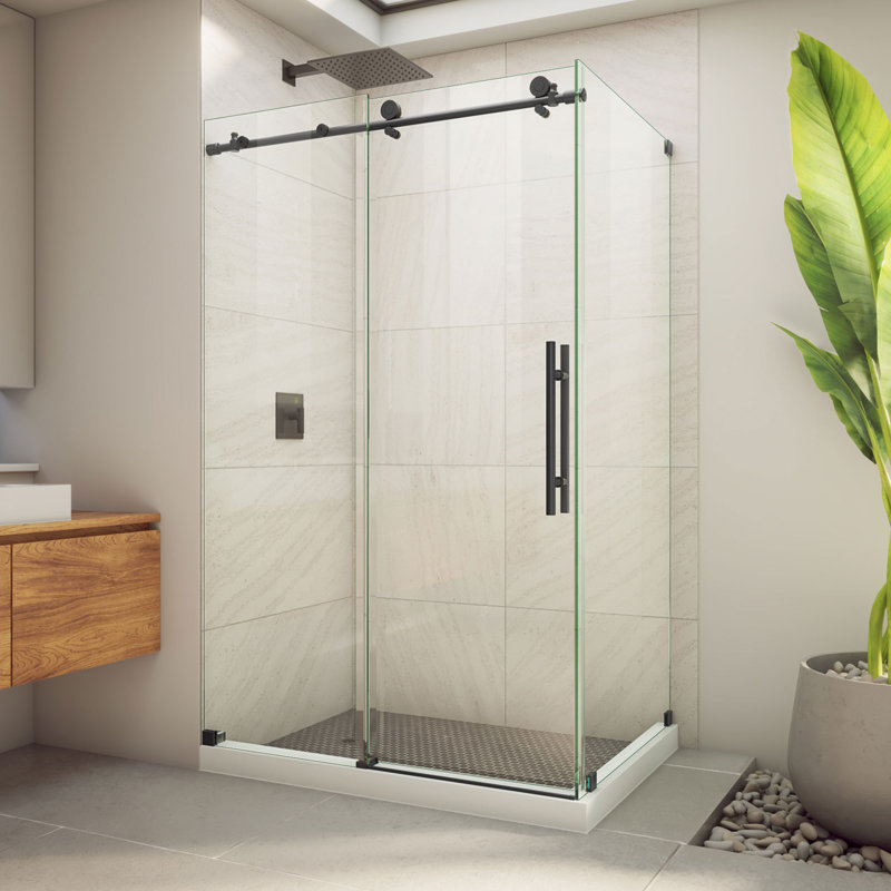 48.38" W x 32.5" D x 76" H Frameless Rectangle Sliding Shower Enclosure, Matte Black