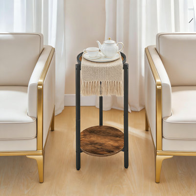 Round Side Table With Anti-Spill Guardrail, Dual-Tier Slim Pedestal Design For Living Room Or Bedroom, Rustic Wood Finish Accent Table