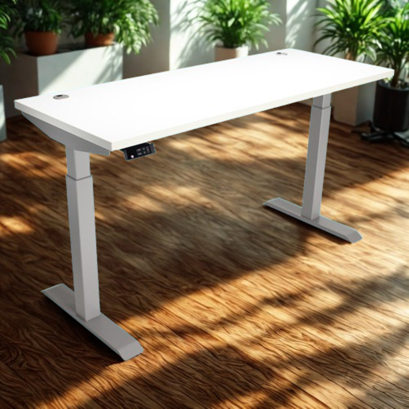 Skyscraper Electric Height Adjustable Standing Desk, Dual Motor and Digital Control with Memory, 60x24, White Top with Brushed Silver Frame