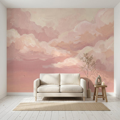 Papier peint rose avec nuages décoratifs pastel Sky Sunset Haze