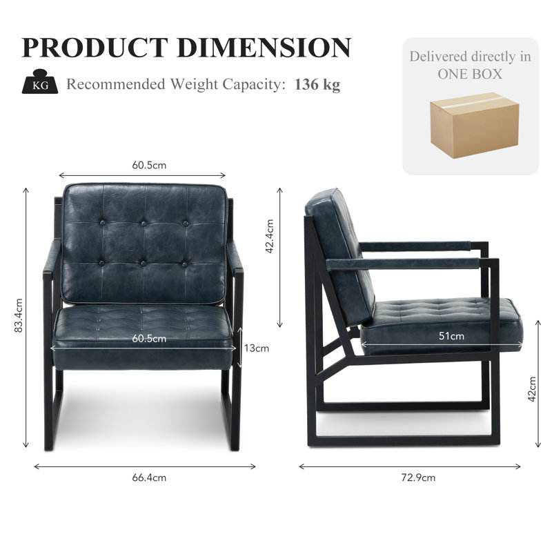Modern Faux Leather button-tufted design Accent Chair with Metal Farme 110° Recline, Blue Faux Leather