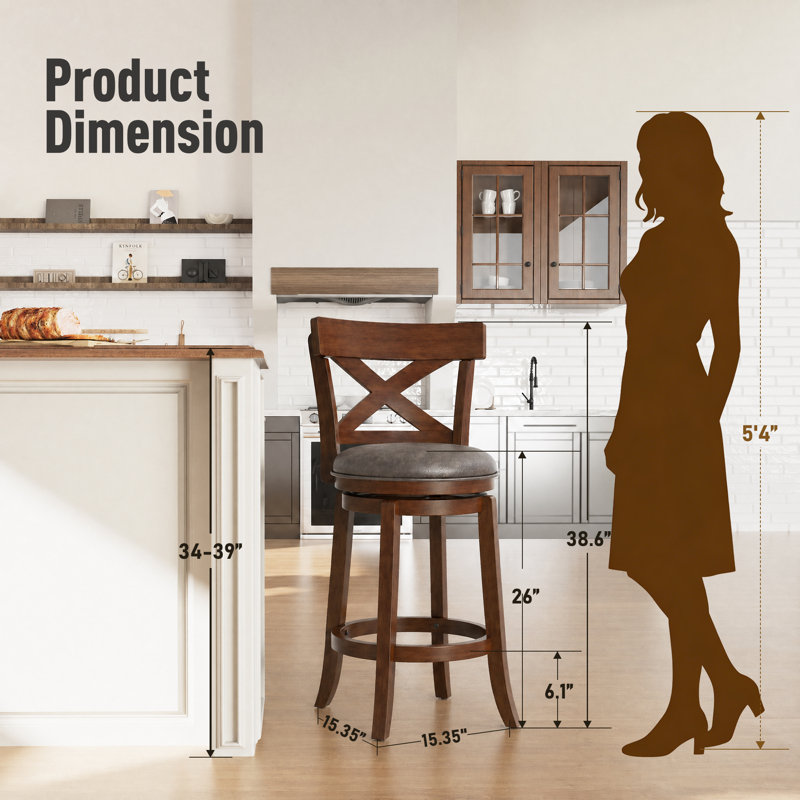 Tabouret de bar pivotant rembourré de 66 cm (26 po) avec cadre en bois massif et siège en similicuir pour la cuisine, 2