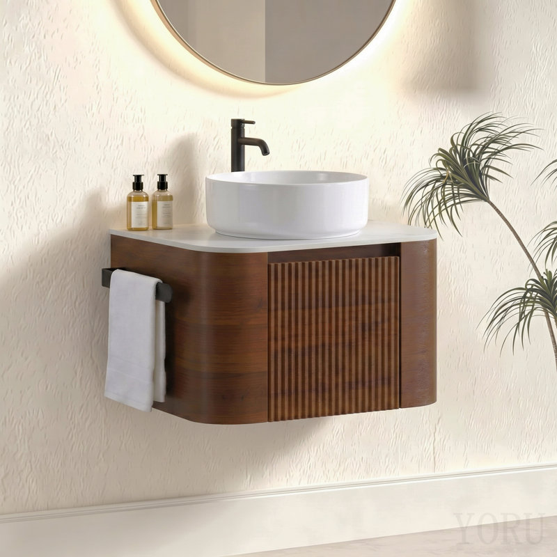 Meuble-lavabo 24 po avec lavabo, armoire murale en noyer avec porte-serviettes gratuit, lavabo simple en céramique blanche, sans drain et robinet, pré-assemblé