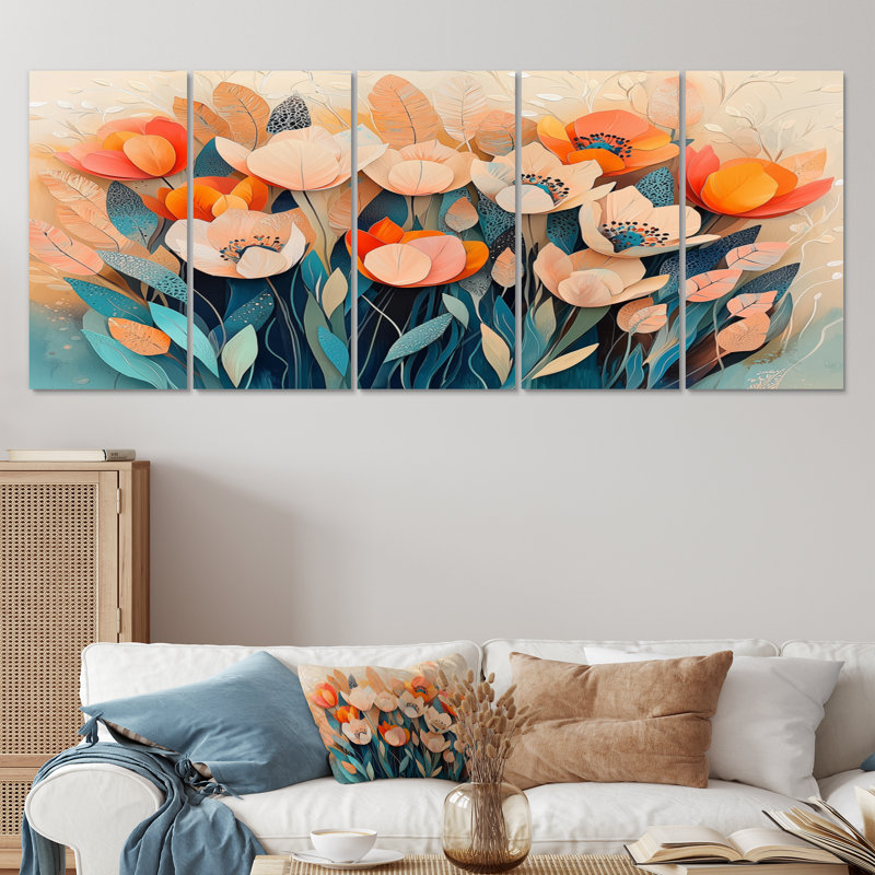 «Pastel colours of Tulips Dream Fragments I» - art mural botanique - décoration murale moderne 5 pièces, H 32 po x l 80 po