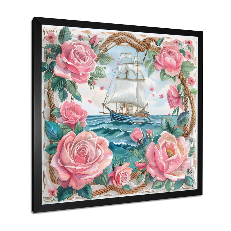 Ancre de pirate rose avec roses roses III - impression d'art mural côtier, Toile encadrée noire simple