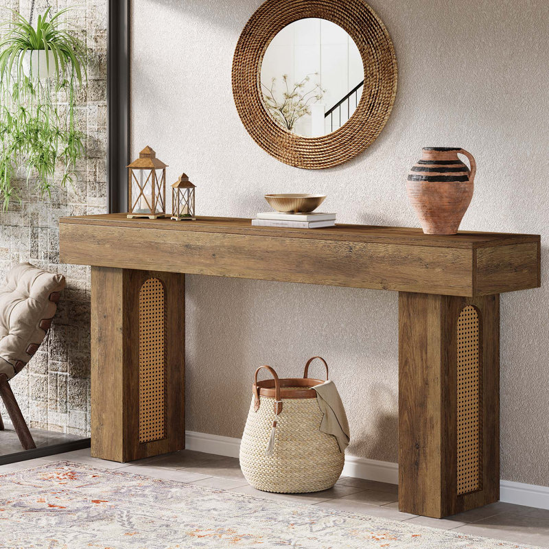 63 Inch Rattan Console Table, Farmhouse Entryway Table Sofa Table With Heavy Duty Legs