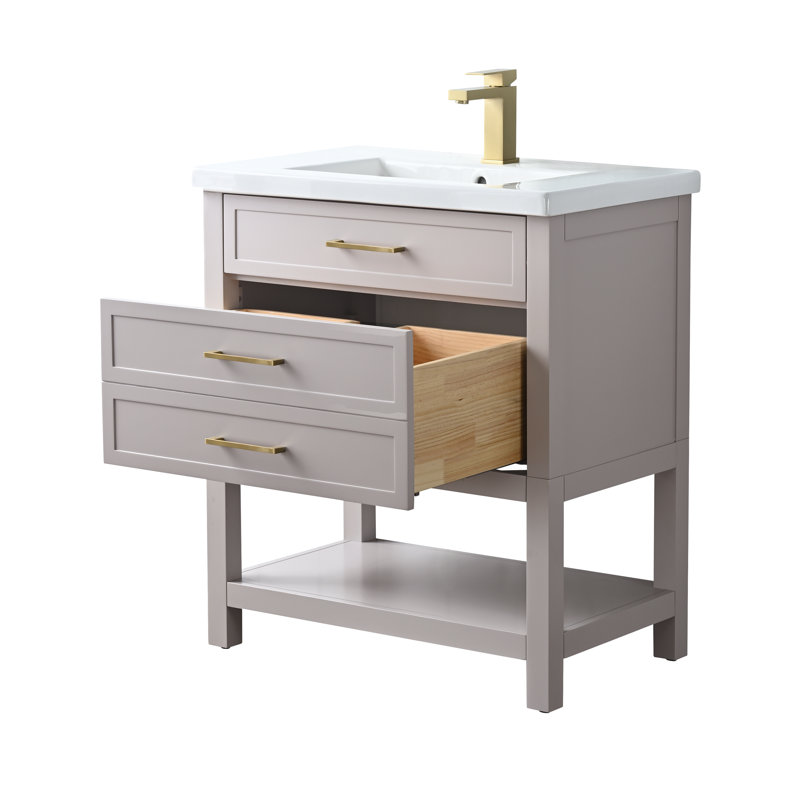 Meuble-lavabo simple 30 po avec comptoir en céramique Vicini, Taupe / or brossé
