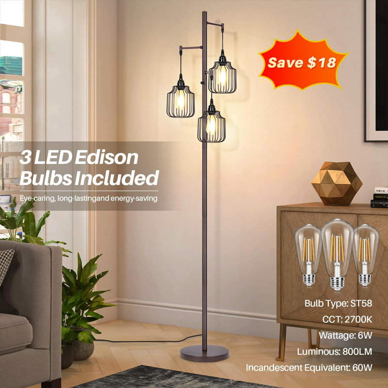 Dimmable Industrial Floor Lamp With 3 LED Edsion Bulbs, Farmhouse Tall Standing Lamp For Living Room, Rustic Brown, Black