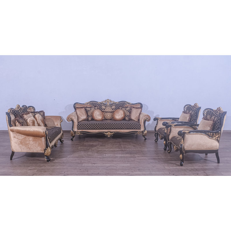 Ensemble de salon, Mélange de lin noir / doré, Brun