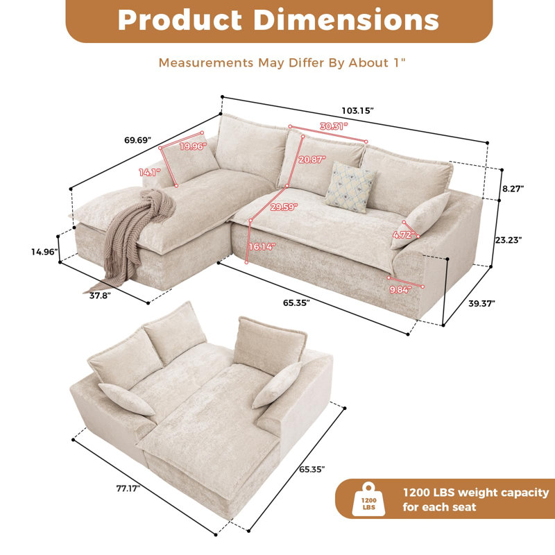 Boneless 103" Boneless Compressed Sectional Couch No Assembly Required With Pillows, Left Hand Fancing, Beige