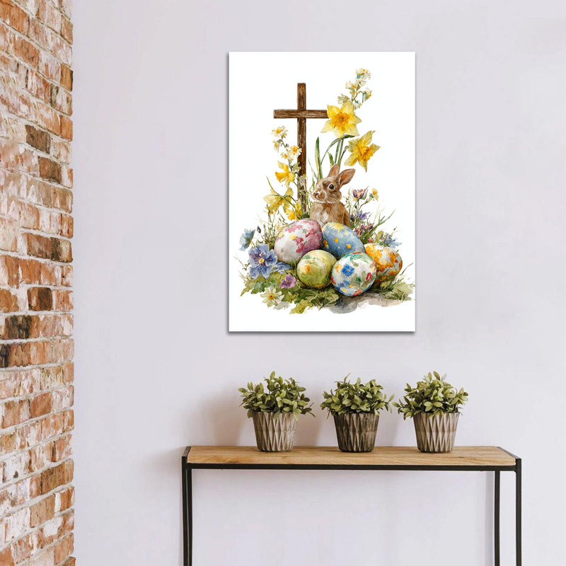  Lapin de Pâques, art mural - toile, printemps, images avec jonquilles, croix, peinture de lapin pour la décoration intérieure, œuvre d'art sur toile tendue, 12 po x 18 po
