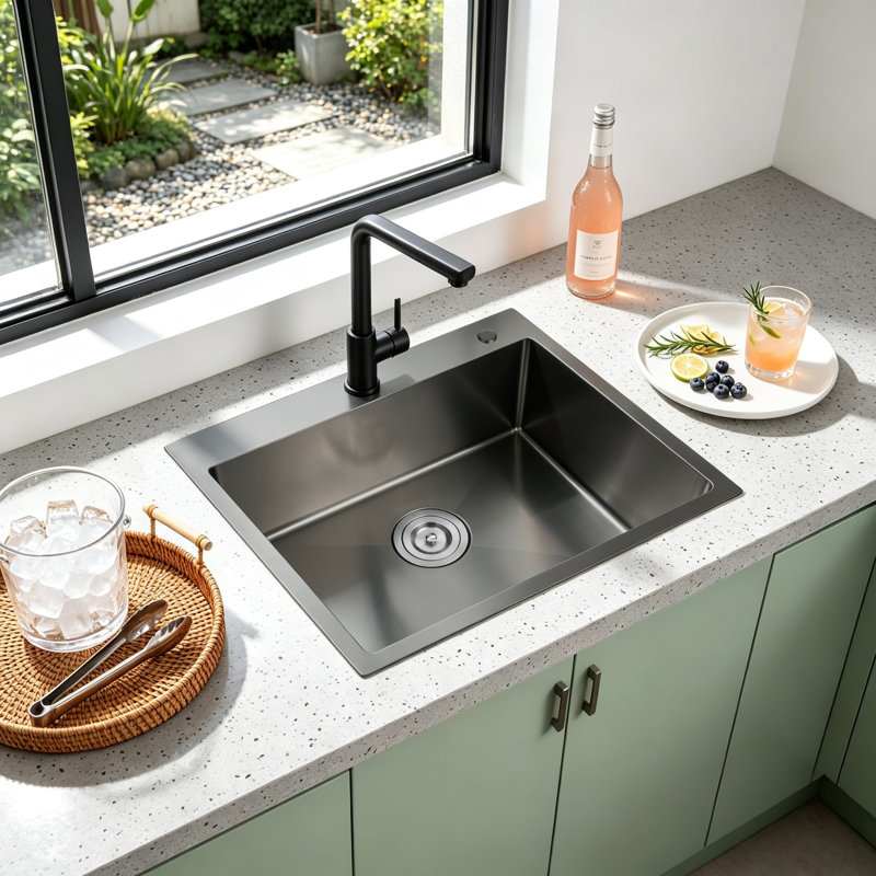 Évier de cuisine à cuve simple à montage sur plan en acier inoxydable L 23 po x l 19 po, Noir