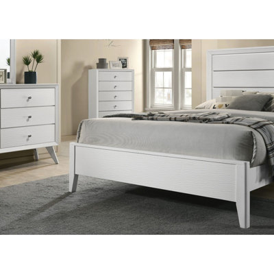White Bedframe For King Size With Contemporary Style Panel Headboard, Wave Texture, Solid Wood, Corners, Angled Legs, Foundation Required Corner Design Needed