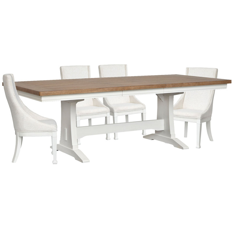 Extendable Trestle Dining Table With 4 Host Chairs, 5 Pieces: Table, 4 Chairs
