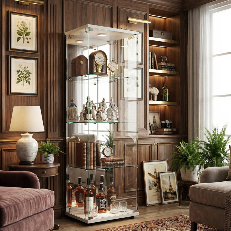 4-Tier Single Door Glass Display Cabinet with Mirrored Back & LED Lights,  Tall Curio Cabinet, Black / White, White