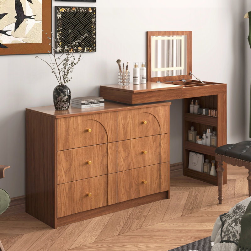 Bureau de coiffeuse avec miroir et lumières, Noyer