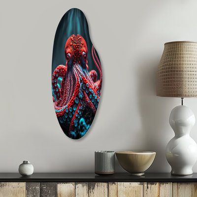 Pieuvre rouge sur l'océan, plancher IV - pieuvre animalière, art mural asymétrique en métal