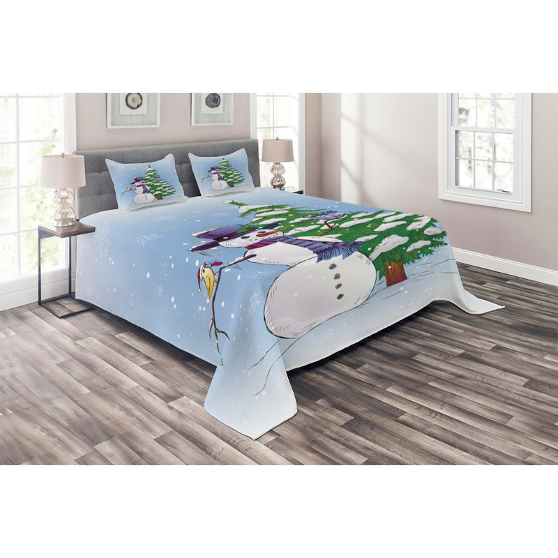 Blue Microfiber Queen Quilted Bedspread Set with Snowman Design