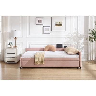 Upholstered Daybed With Trundle,Sturdy Wooden Bed Frame For Guest Room