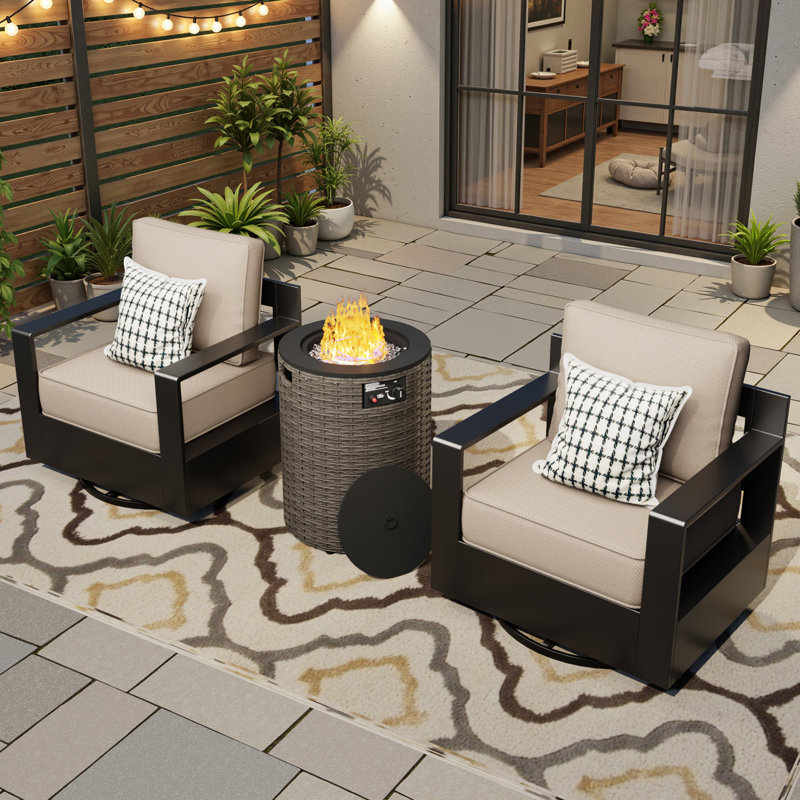 2-Person Modern Aluminum Outdoor Patio Furniture Set with 2 Swivel Chairs,2-in-1 Fire Pit Table and Beige Cushions, Beige