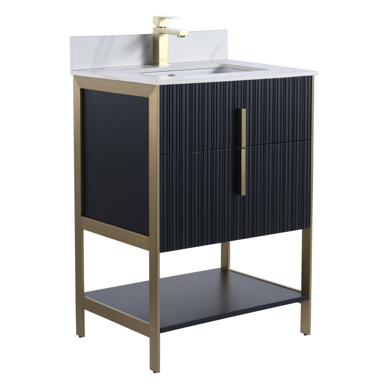 Meuble-lavabo moderne avec plateau en pierre Serenity, Taupe vif / or rose, 24", Marbre de Carrare blanc
