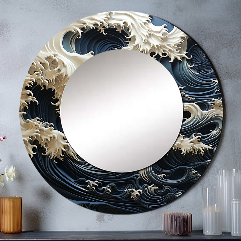 Abstrait bleu et blanc, tempête océanique - miroir unique côtier, grand miroir mural rond bleu, impression d'art en métal