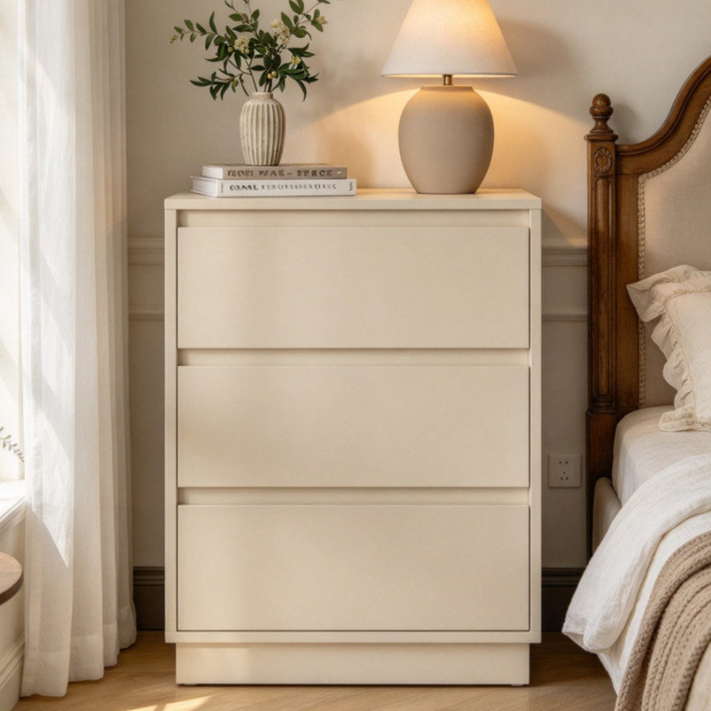 Grande commode à 3 tiroirs en bois beige, table de chevet large moderne avec système coulissant dissimulé, commode à usages multiples pour la chambre à coucher, le salon et le rangement du vestibule