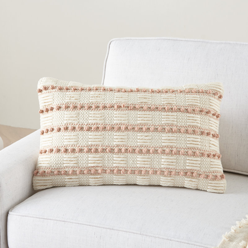 Blush and Ivory Embroidered Rectangular Throw Pillow