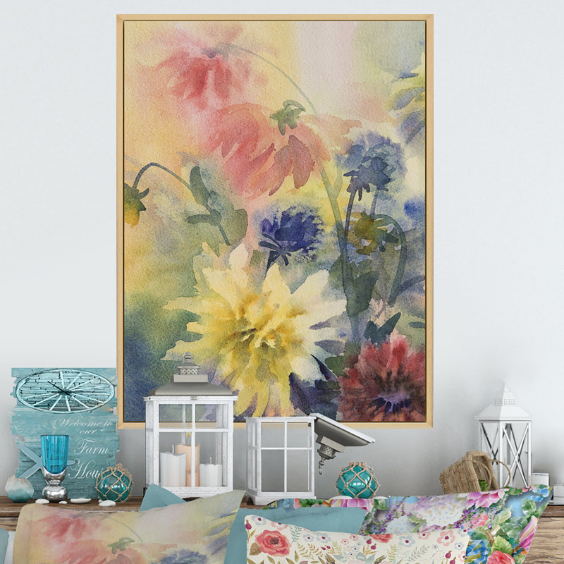 «Grunge Color Dahlias Flowers», reproduction de cadre photo sur toile, H 40 po x l 30 po x P 1,5 po, Cadre flottant brun