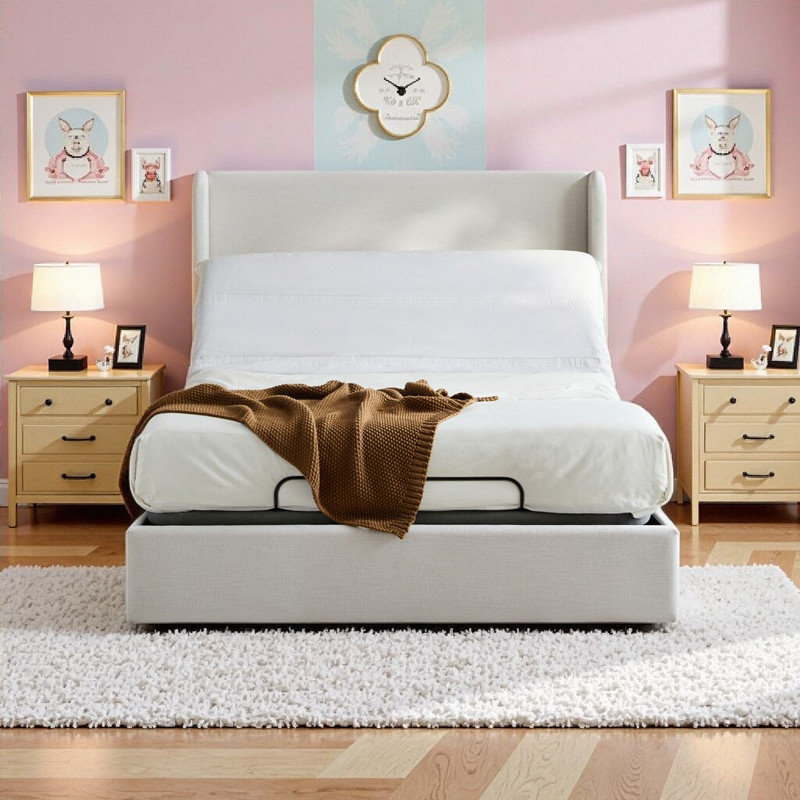 Grand lit à oreilles tapissier avec base réglable en tissu de chenille avec tête de lit indépendante et massage à inclinaison intelligente