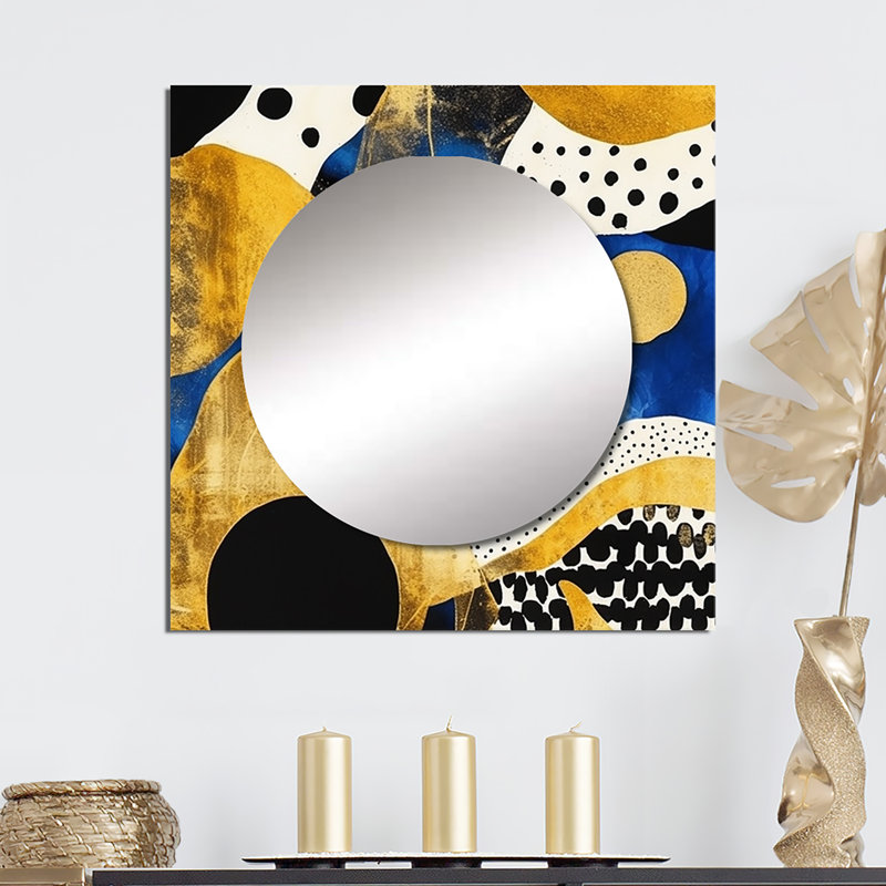 Rheems - Motif abstrait avec des textures bleues et dorées, miroir minimaliste carré XIII, décoration murale pour chambre à coucher