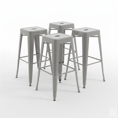  30-Inch Industrial Metal Counter Stools, Stackable Indoor/Outdoor Barstools, Set of 2, Silver