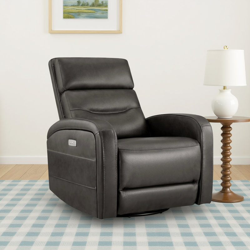 Wyat Sia Geniune Leather Swivel Power Recliner, Impression Dark Grey Top Grain Leather