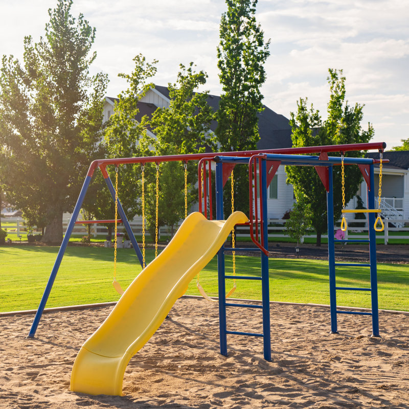 Primary Color Metal Swing Set with Slide and Monkey Bars