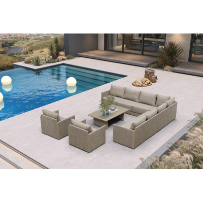 Ensemble de conversation de patio 10 pièces avec table basse, ensemble de canapé modulaire d'extérieur toutes saisons avec coussin, petit ensemble de conversation pour jardin, bord de piscine, beige